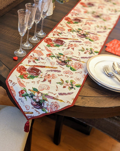 DaDa Bedding Sweet Heart Love Notes Pink Floral Woven Tapestry Dining Table Runner (18273)-0