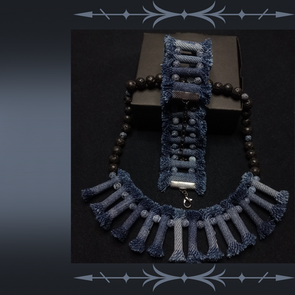 Denim Necklace with Denim tribal Bracelet 10 Sets, Boho Tribal Denim Necklace and bracelet set, 2 Piece jewelry Set, tribal denim lava stone jewelry set-4