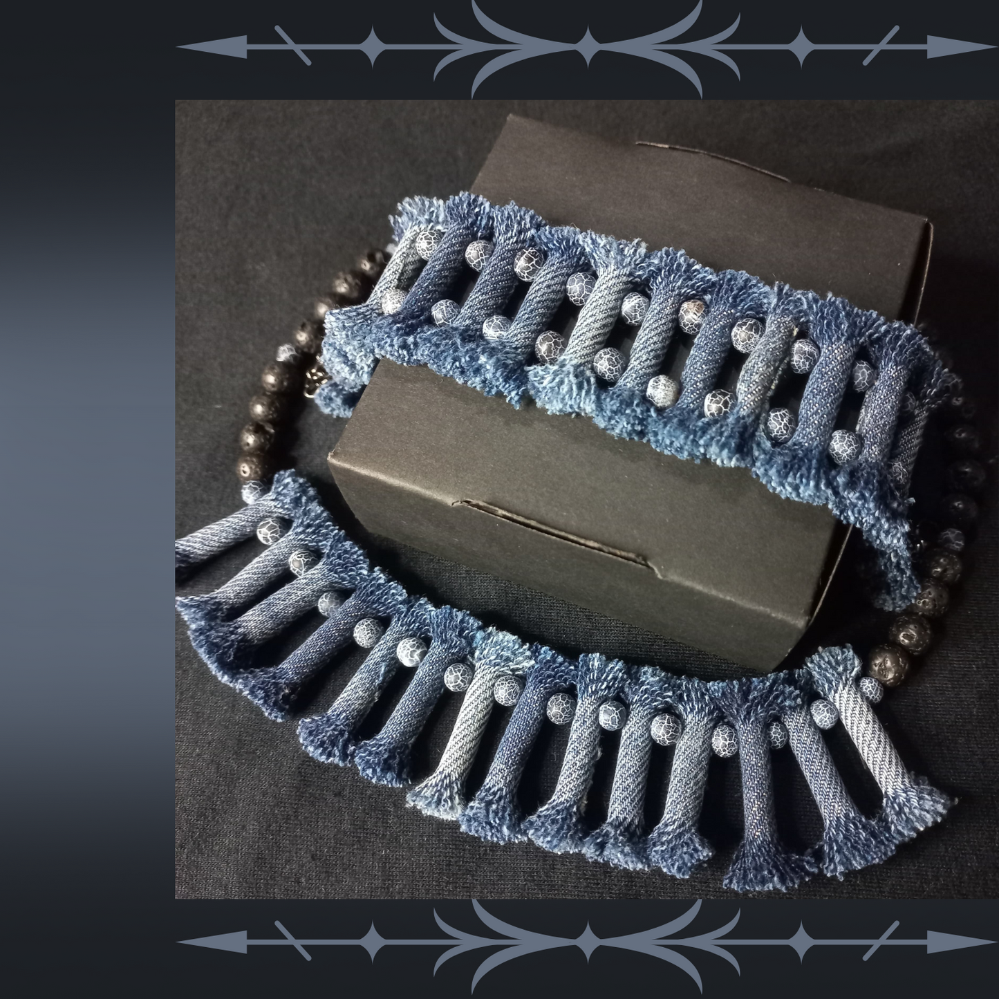 Denim Necklace with Denim tribal Bracelet 10 Sets, Boho Tribal Denim Necklace and bracelet set, 2 Piece jewelry Set, tribal denim lava stone jewelry set-0