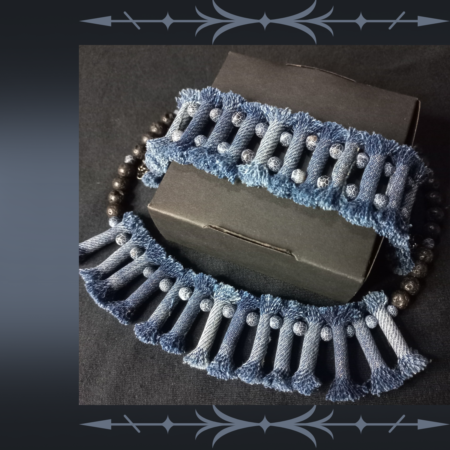 Denim Necklace with Denim tribal Bracelet 10 Sets, Boho Tribal Denim Necklace and bracelet set, 2 Piece jewelry Set, tribal denim lava stone jewelry set-0