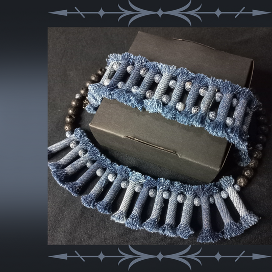 Denim Necklace with Denim tribal Bracelet 10 Sets, Boho Tribal Denim Necklace and bracelet set, 2 Piece jewelry Set, tribal denim lava stone jewelry set-0