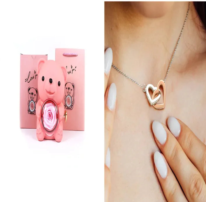 Eternal Rose Teddy Bear Gift Box with Necklace