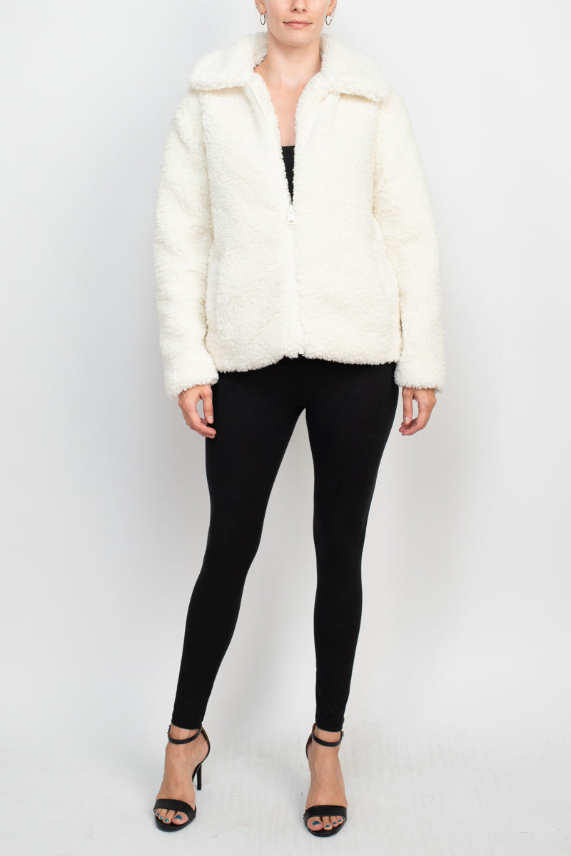 Catherine Malandrino collared V-neck long sleeve zipper front faux fur jacket-4
