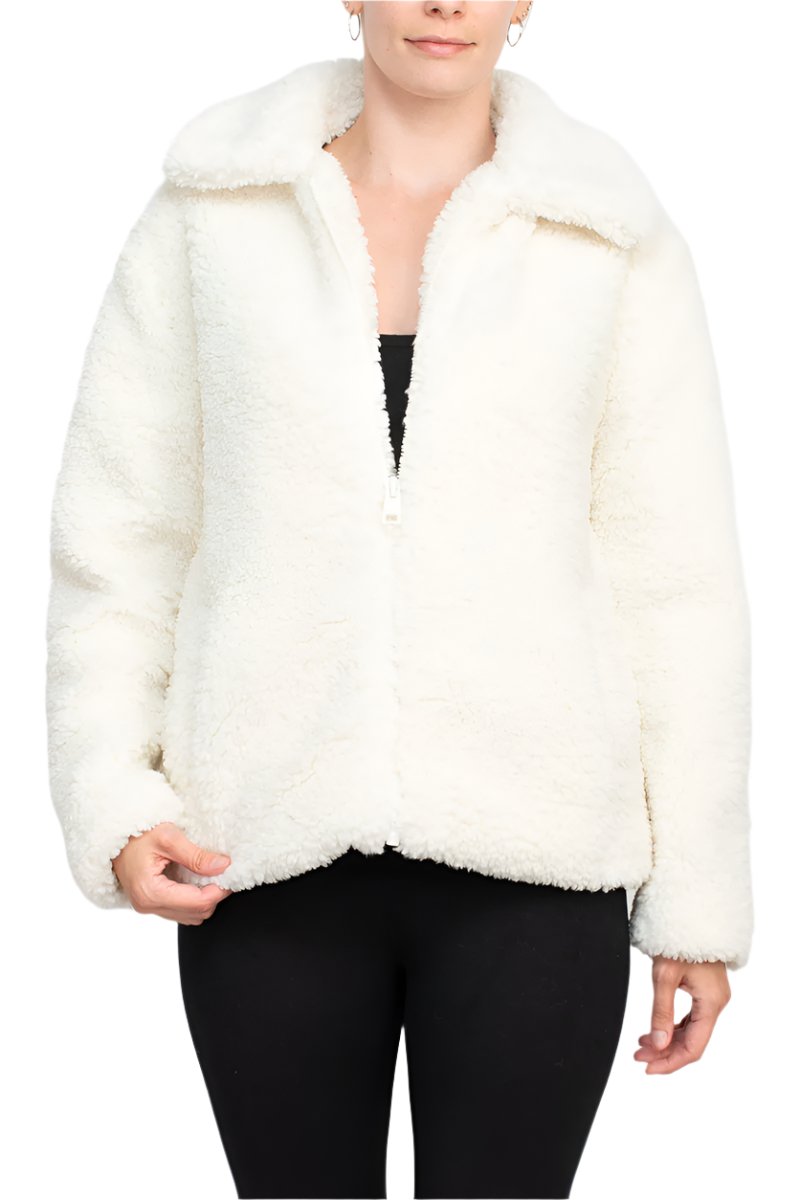 Catherine Malandrino collared V-neck long sleeve zipper front faux fur jacket-0