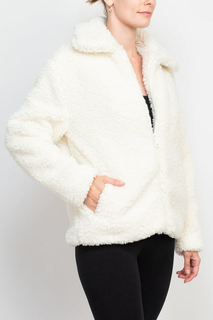 Catherine Malandrino collared V-neck long sleeve zipper front faux fur jacket-1