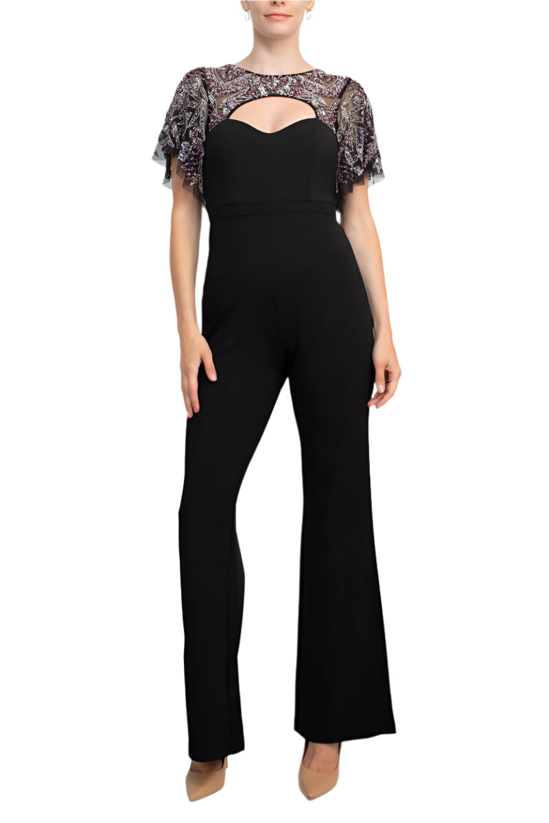 Aidan Mattox Crew Neck Cutout Front Short Sleeve Cutout Back Embellished Mesh Bodice Crepe Jumpsuit-2