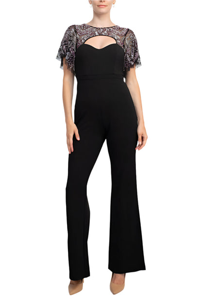 Aidan Mattox Crew Neck Cutout Front Short Sleeve Cutout Back Embellished Mesh Bodice Crepe Jumpsuit-2