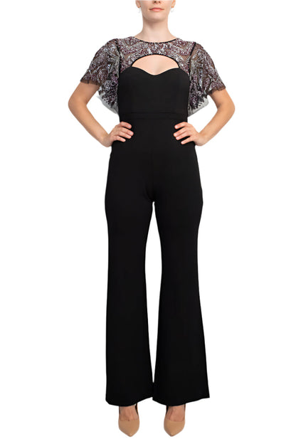Aidan Mattox Crew Neck Cutout Front Short Sleeve Cutout Back Embellished Mesh Bodice Crepe Jumpsuit-3