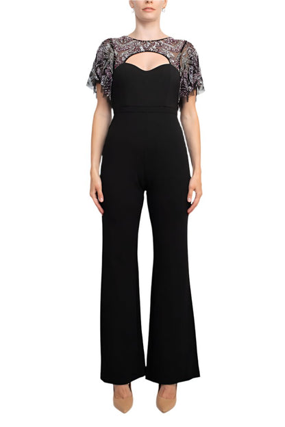 Aidan Mattox Crew Neck Cutout Front Short Sleeve Cutout Back Embellished Mesh Bodice Crepe Jumpsuit-0