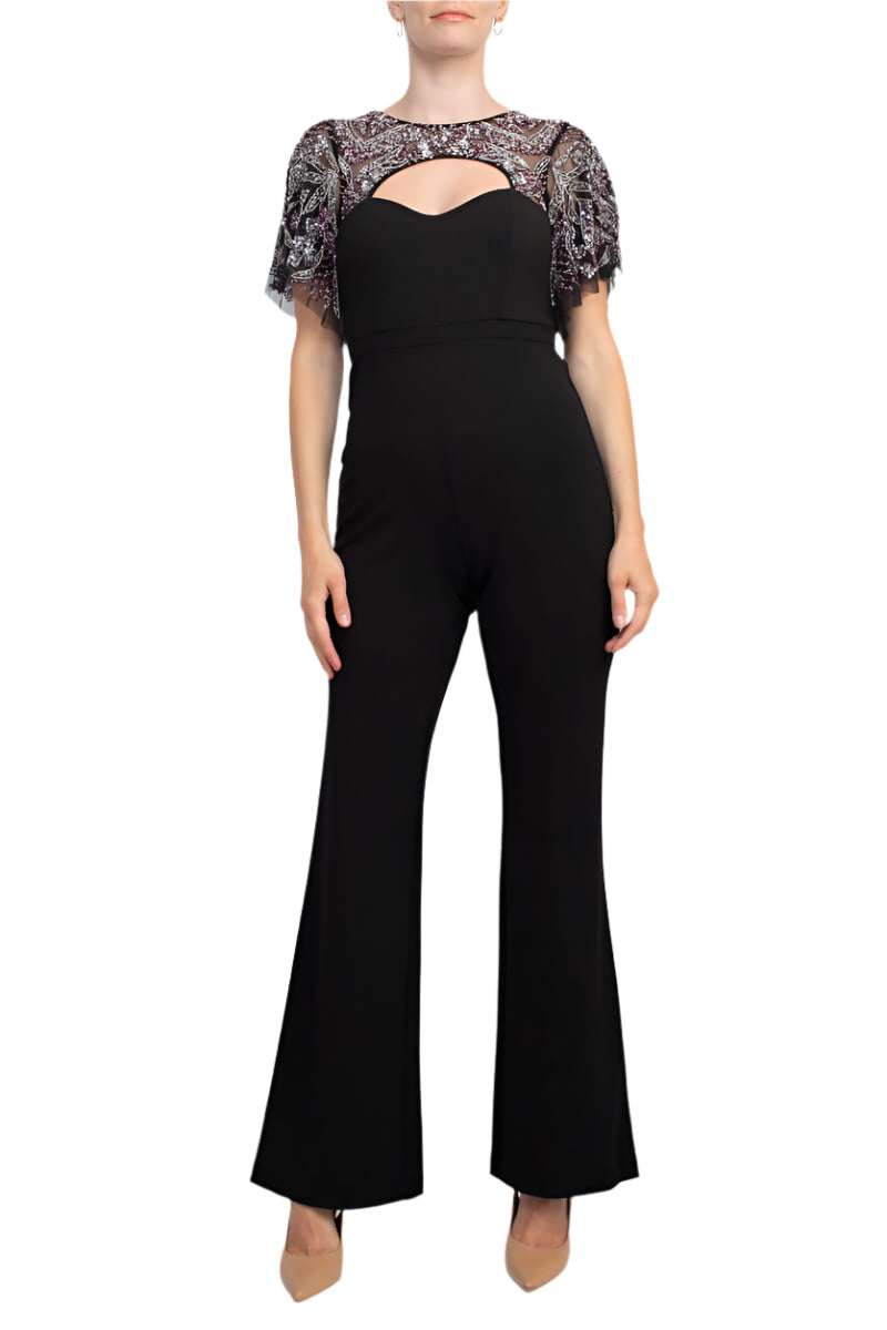 Aidan Mattox Crew Neck Cutout Front Short Sleeve Cutout Back Embellished Mesh Bodice Crepe Jumpsuit-1