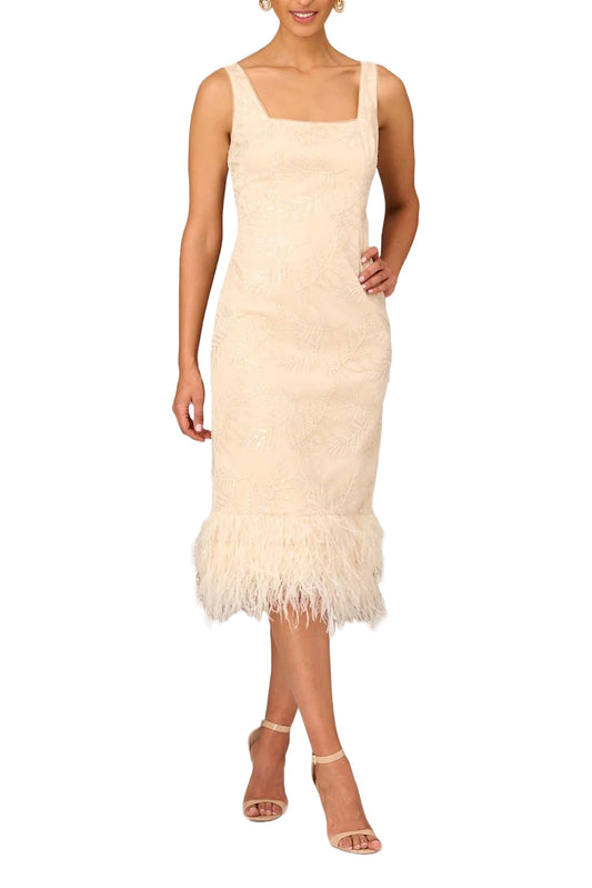 Aidan Mattox Square Neck Sleeveless Zipper Back Slit Back Feather Hem Mesh Dress-0