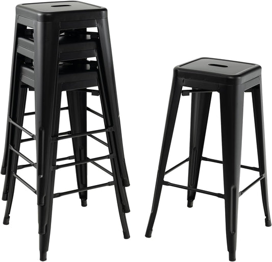 Metal Backless Bar Stools Set of 4, 30" Bar Height Modern Industrial Barstools W/Cut-Out Handle, Footrest, Rubber Foot Pads, Stackable Bar Dining Chairs for Kitchen Island, Black-0
