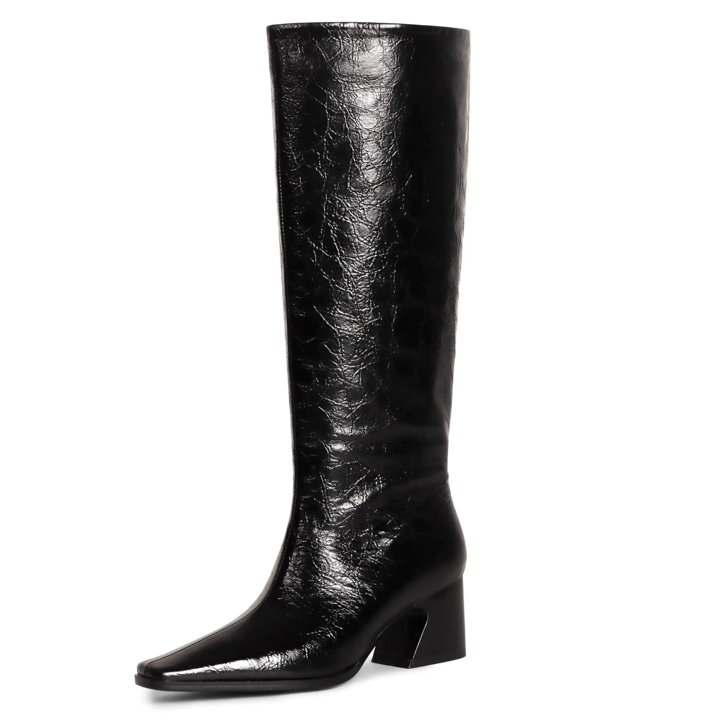 COMJUY 2" Black Textured Knee High Boots Women Low Heel Kitten Heel Knee High Boots for Women Pull on with Block Heel Square Toe Flat Tall Boots Riding Boots Women Gogo Boots Faux Leather Size 6