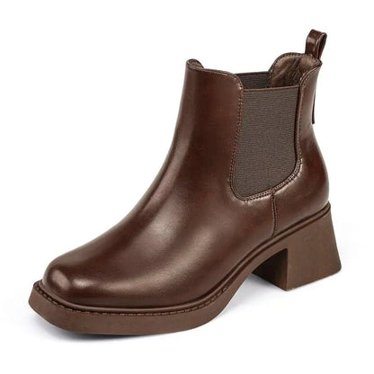 IDIFU Brown Chelsea Boots Women Ankle Boots for Women Low Chunky Block Heel Short Square Toe Boots Fall Comfortable Fashion Work Dress Booties Slip On Classic Elastic Heeled Boots(Brown Pu 9.5)