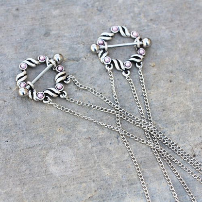 316L Stainless Steel Triple Chain Pink Ribbon Nipple Shields-0