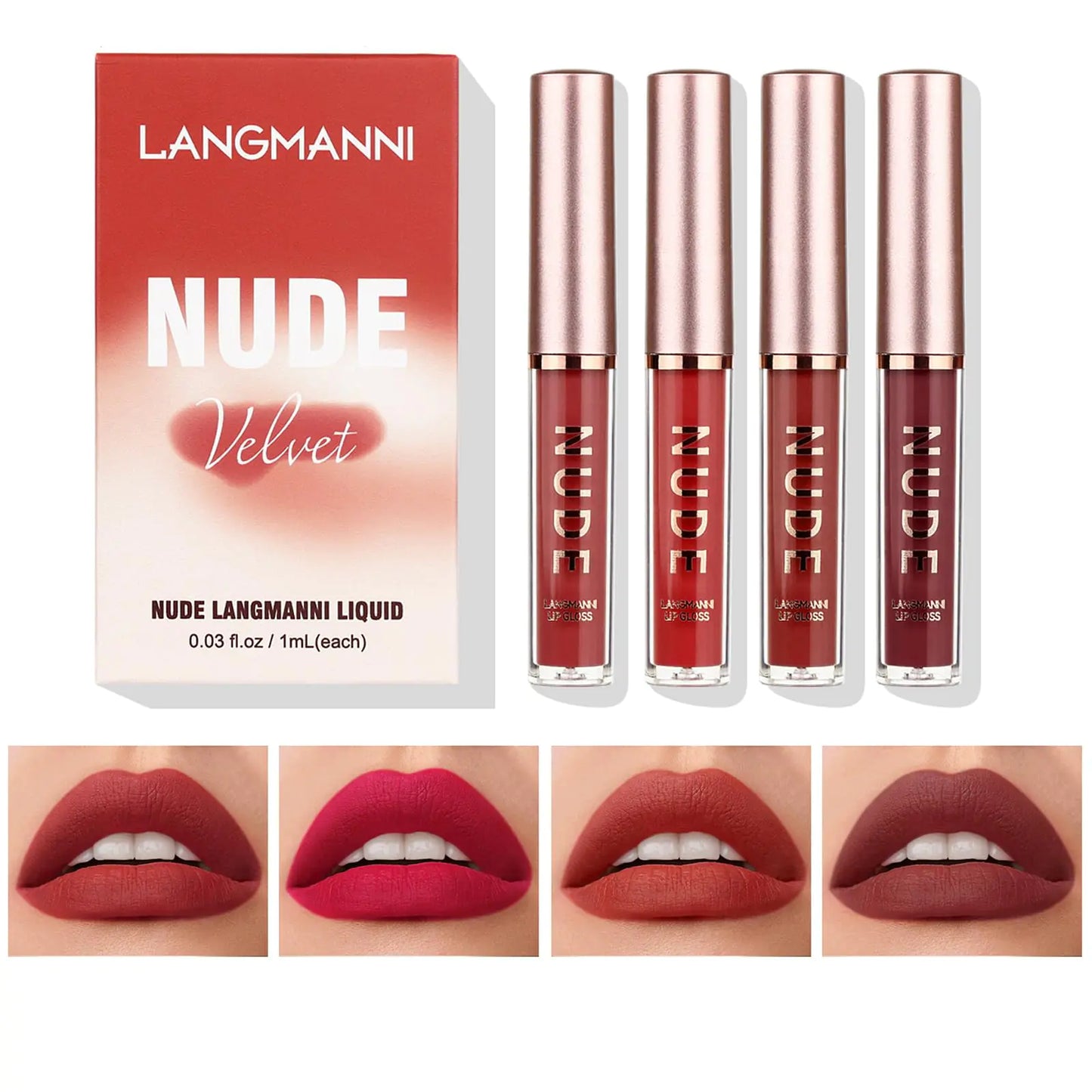 LANGMANNI Matte Liquid Lipstick Makeup Set Velvety Liquid Lipstick Long Lasting Durable Nude Lip Gloss Beauty Cosmetics Set for Girls and Women (4 Pcs set C)