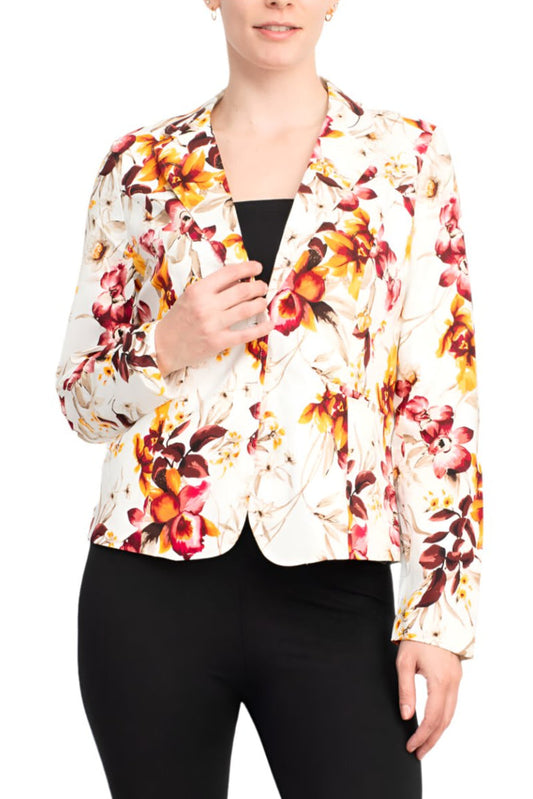 Premise Notched Collar Long Sleeve 2 Button Closure Floral Print Cotton Blend Blazer-0