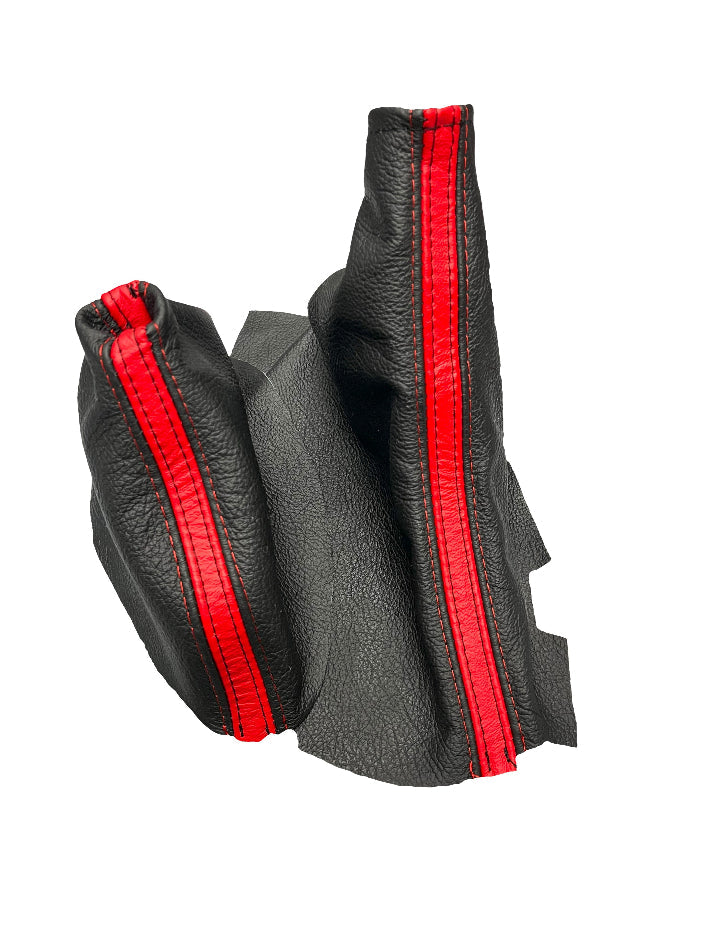 For Chevy Corvette C6 2005-2013 Genuine Leather Parking Brake & Shift Boot Cover In Black & Torch Red Stripe-0