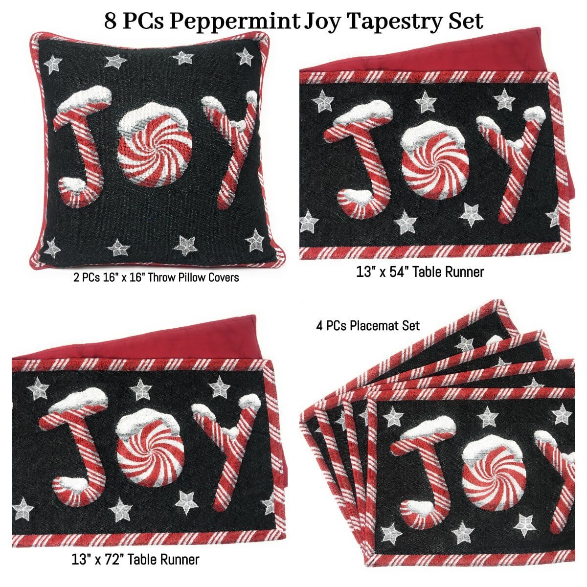 DaDa Bedding Set of 8 Pieces Peppermint Joy Holiday Table Tapestry - 4 Placemats, 2 Table Runners, 2 Throw Pillow Covers (12904)-0