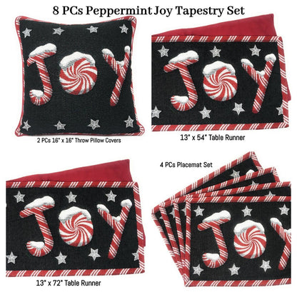 DaDa Bedding Set of 8 Pieces Peppermint Joy Holiday Table Tapestry - 4 Placemats, 2 Table Runners, 2 Throw Pillow Covers (12904)-0