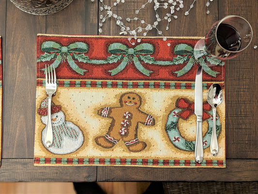 DaDa Bedding Set of 4-Pieces Gingerbread Sweets Holiday Woven Tapestry Placemats 13” x 19” (12917)-0