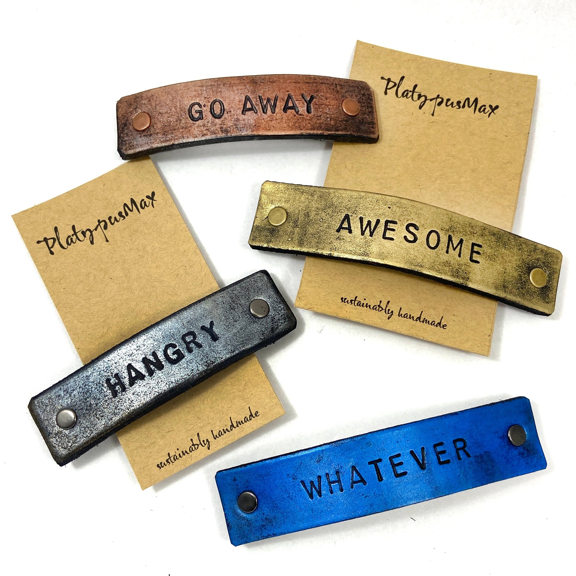 Custom Text Message / Stamped Words, Name, ZIP Code Leather Barrette-0