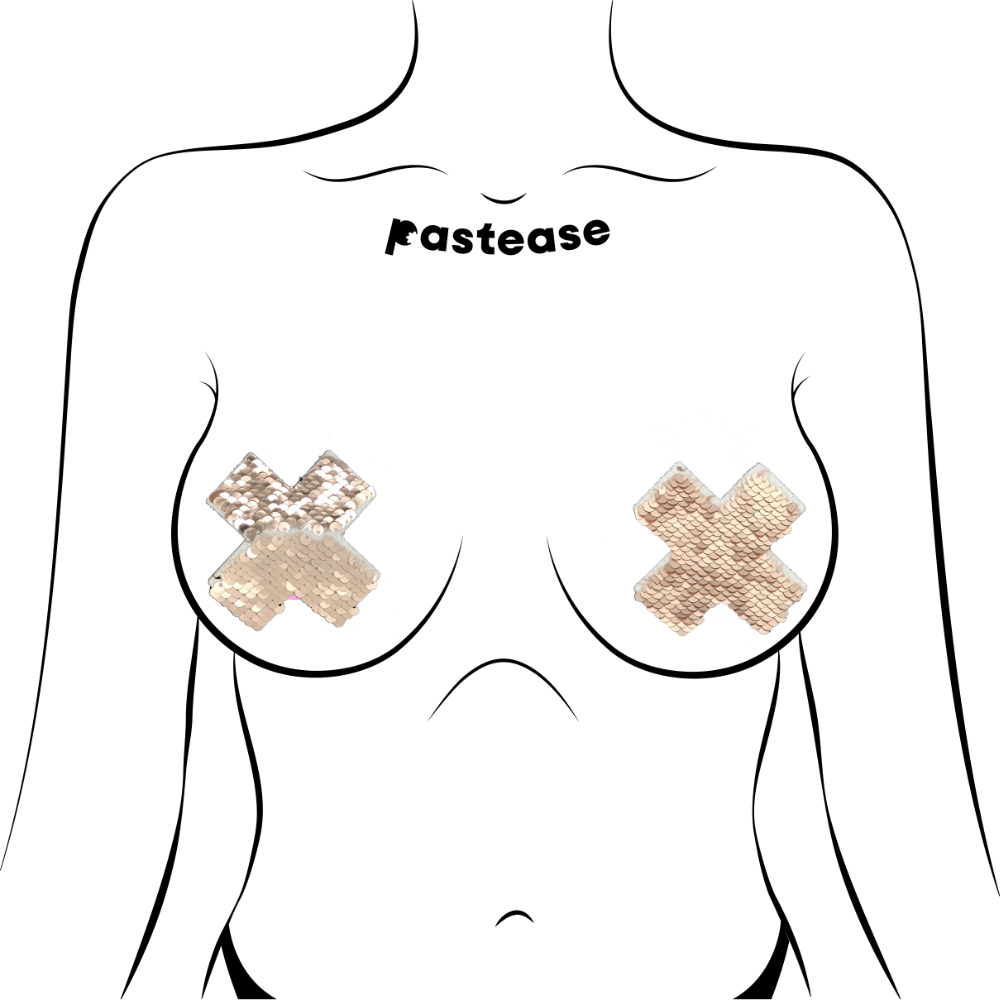 5-Pack: Plus X: Rose Gold Shiny & Matte Flip Sequin Cross Nipple Pasties by Pastease® o/s-2