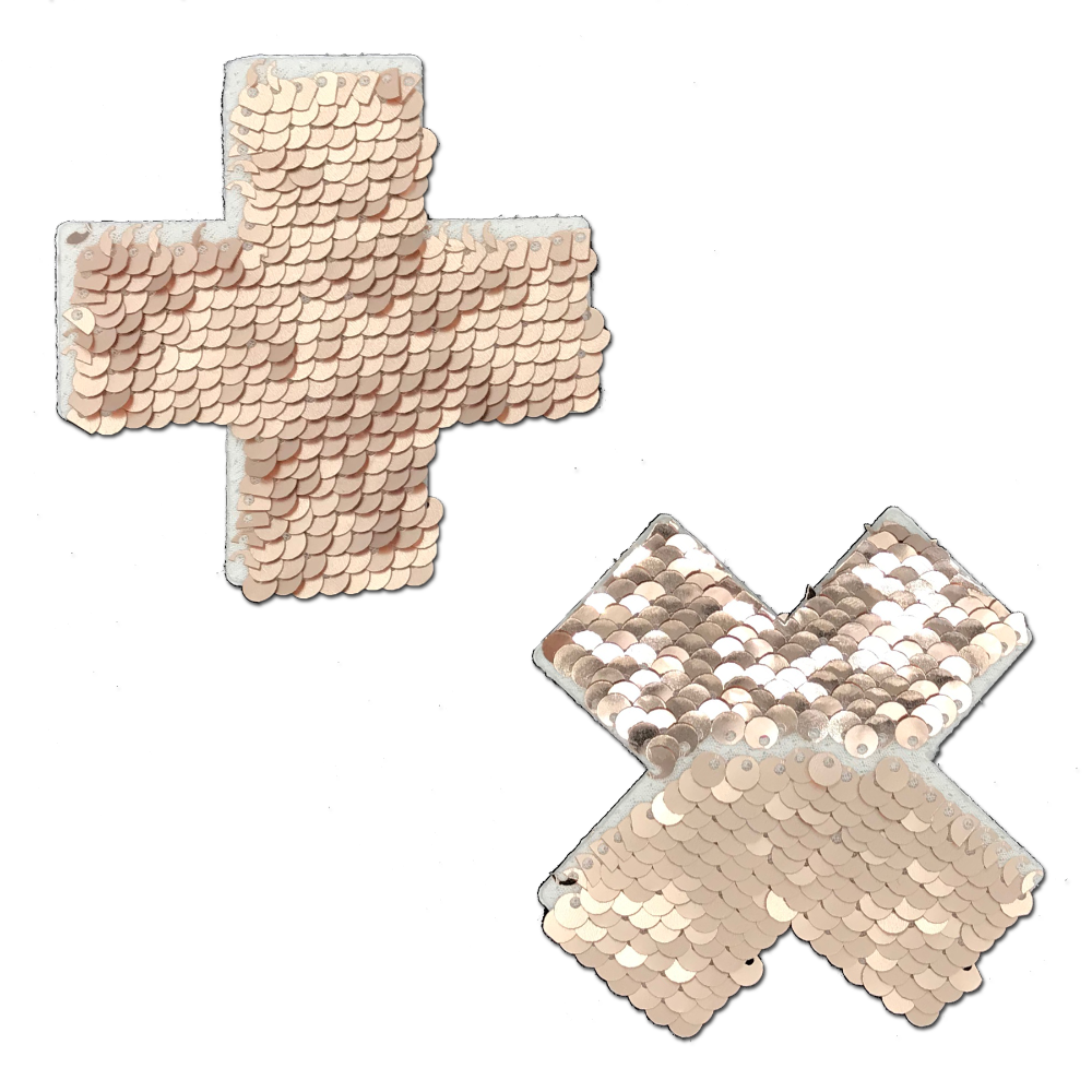 5-Pack: Plus X: Rose Gold Shiny & Matte Flip Sequin Cross Nipple Pasties by Pastease® o/s-0