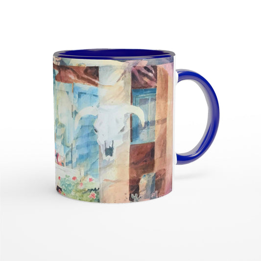 11oz White Ceramic Mug with Color Inside | Coffee Cup with 'Southwestern Home' Watercolor Artwork by American Artist Barbara Cleary-0