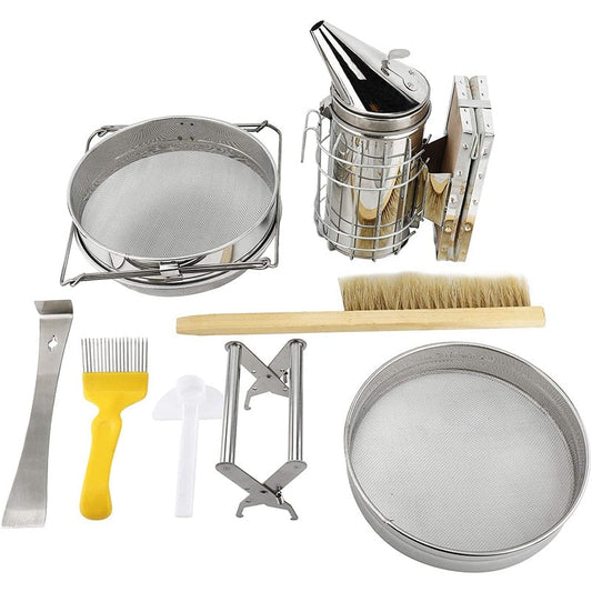 7 Pcs Beekeeping Tool Kit Including Honey Strainer, Frame Grip, J-Hook tool, Entrance Feeder-0