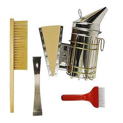 4Pcs  Beekeeping Tools Kit, Stainless Steel Hive Tool, Bee Brush, Smoker, Comb Wax Extracting Fork-0