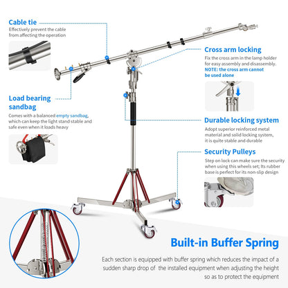 Heavy Duty Light Stand with Casters and Pro Boom Arm,  Stainless Steel Tripod Stand with Crossbar for Reflector,Monolight-1