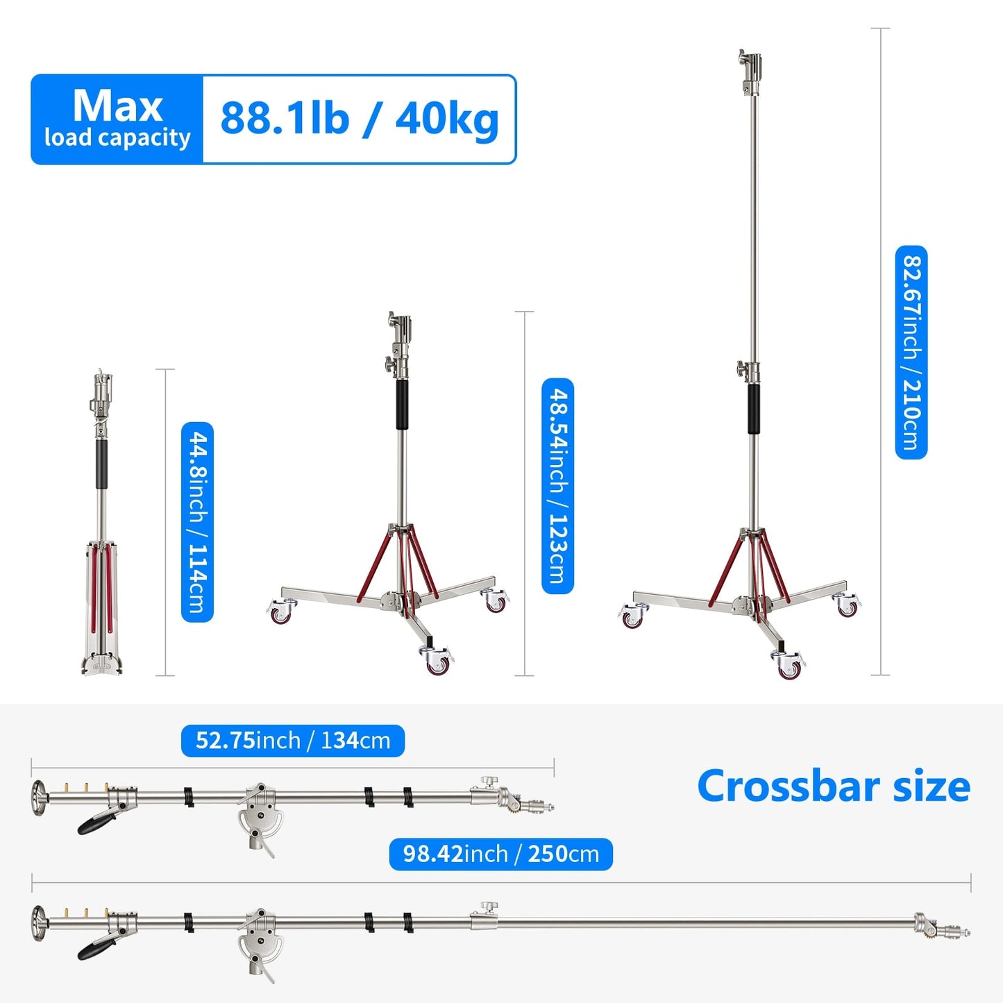Heavy Duty Light Stand with Casters and Pro Boom Arm,  Stainless Steel Tripod Stand with Crossbar for Reflector,Monolight-3