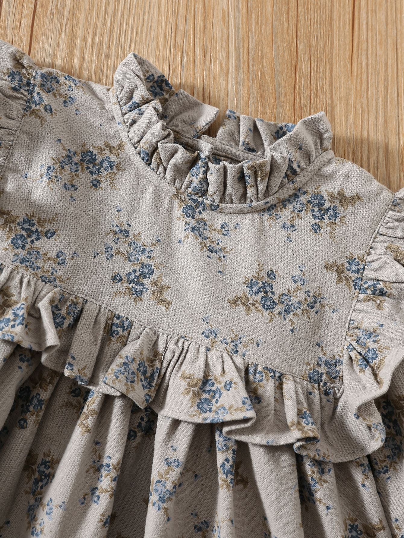 Autumn Arrival Baby Kids Girls Floral Pattern Long Sleeves Ruffle Neck Dress-1