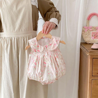 High Quality Summer Baby Kids Girls Floral Pattern Sleeveless Countryside Style Onesies-0