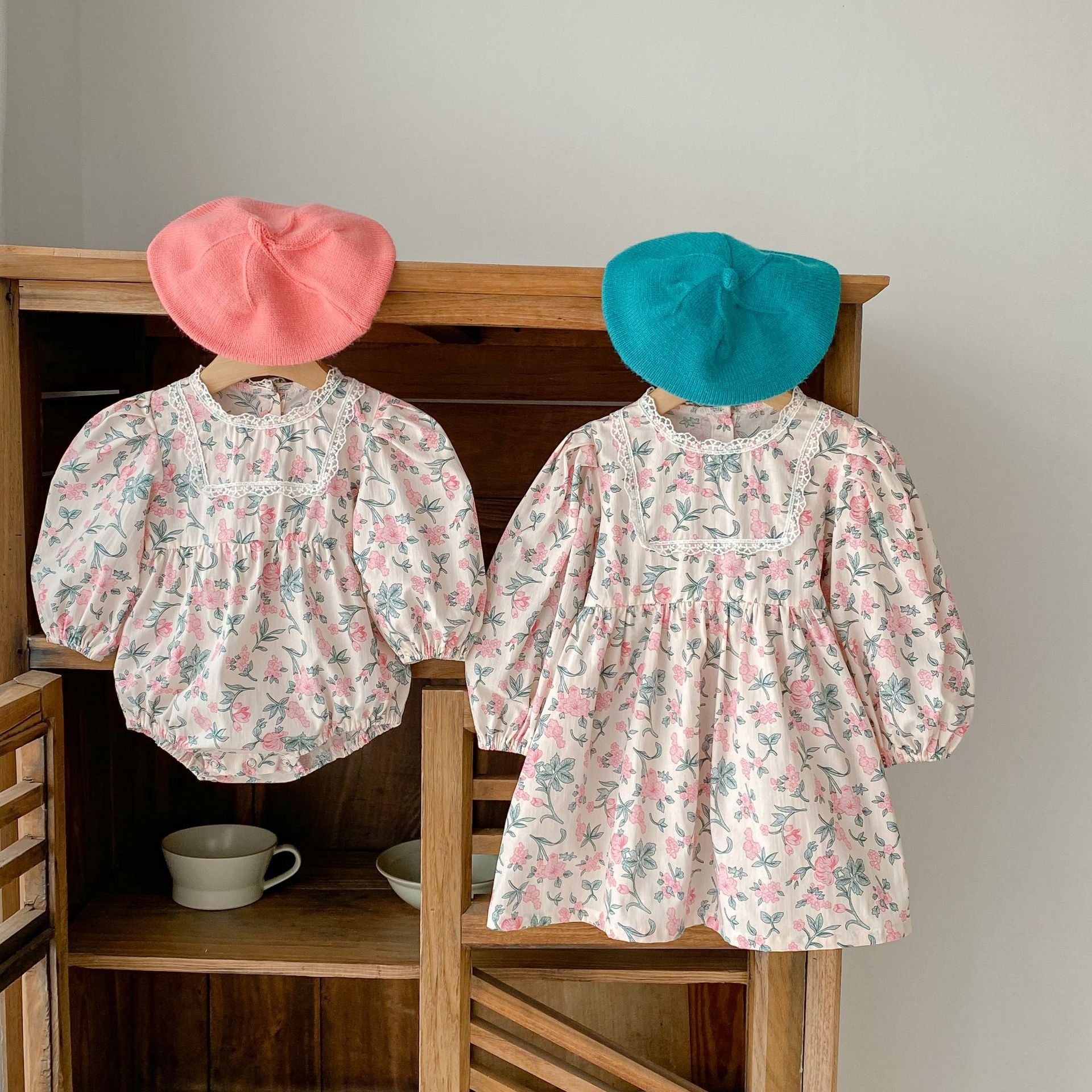 Baby Girl Flower Print Pattern Mesh Patchwork Design Onesies or Dress-1