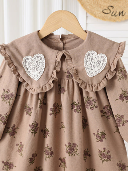Autumn Arrival Baby Kids Girls Floral Pattern Long Sleeves Dress with Embroidered Collar-1