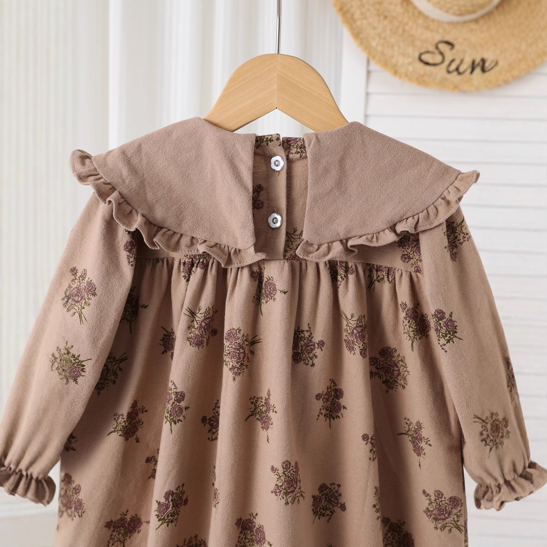 Autumn Arrival Baby Kids Girls Floral Pattern Long Sleeves Dress with Embroidered Collar-2