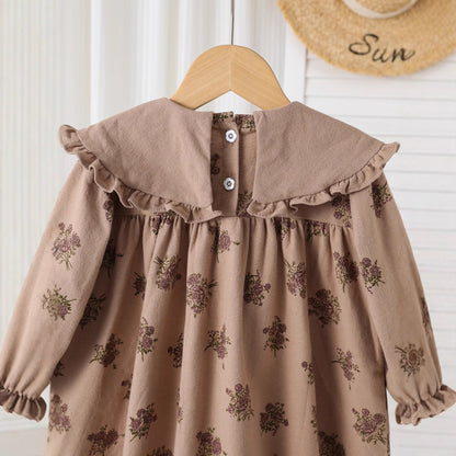 Autumn Arrival Baby Kids Girls Floral Pattern Long Sleeves Dress with Embroidered Collar-2
