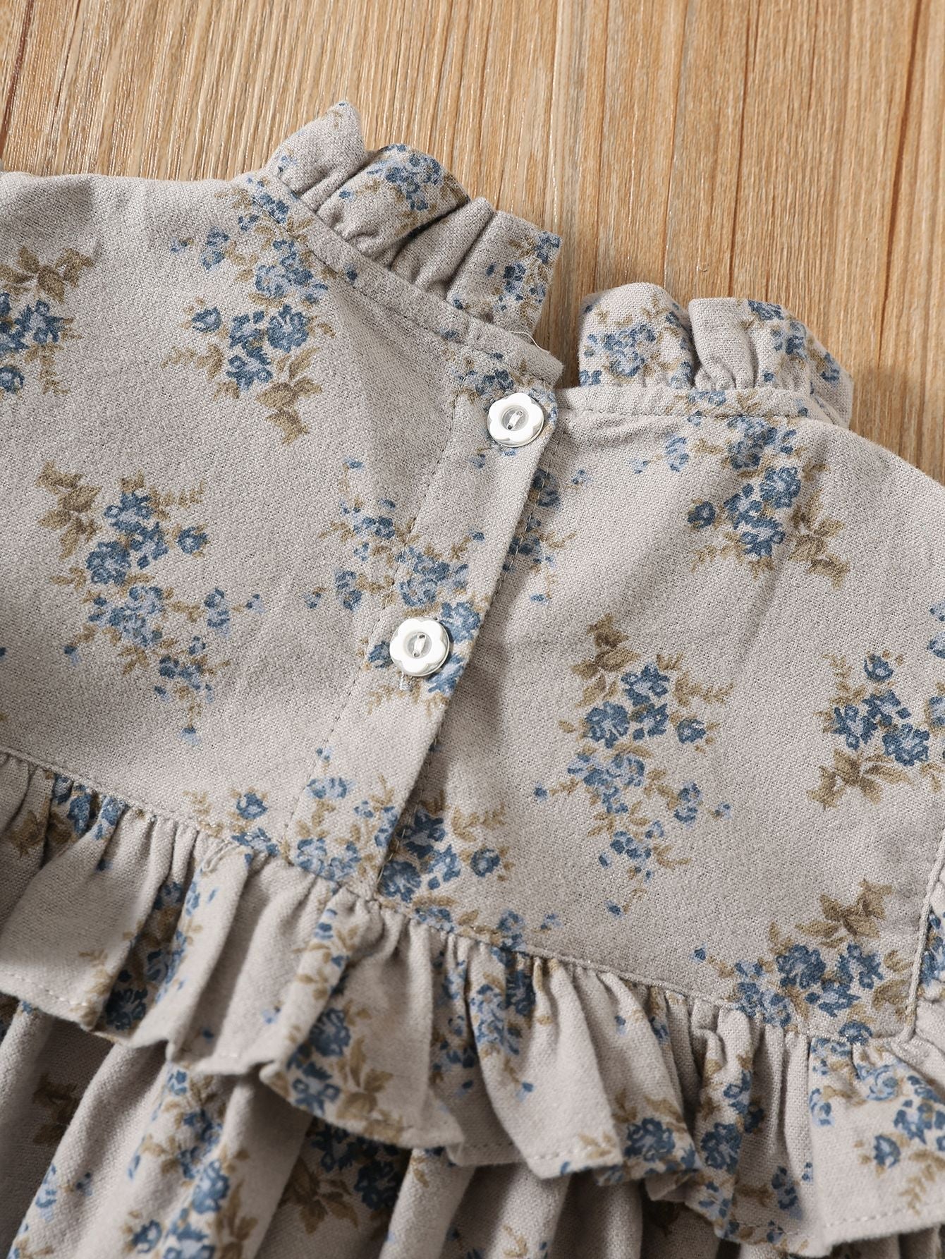 Autumn Arrival Baby Kids Girls Floral Pattern Long Sleeves Ruffle Neck Dress-2