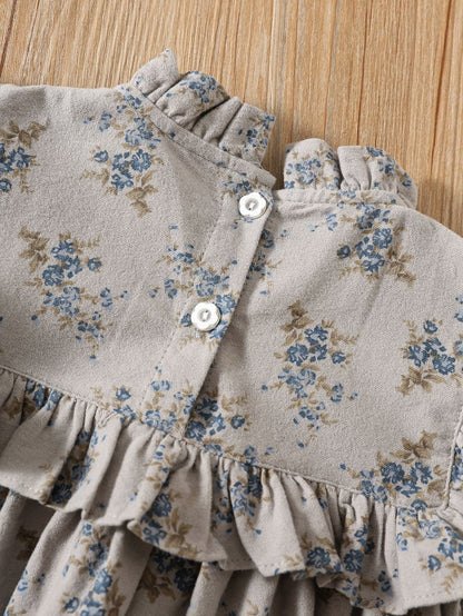 Autumn Arrival Baby Kids Girls Floral Pattern Long Sleeves Ruffle Neck Dress-2