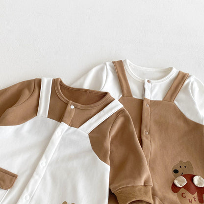 Autumn Arrival Baby Unisex Long Sleeves Cartoon Pattern Color Patchwork Rompers-3