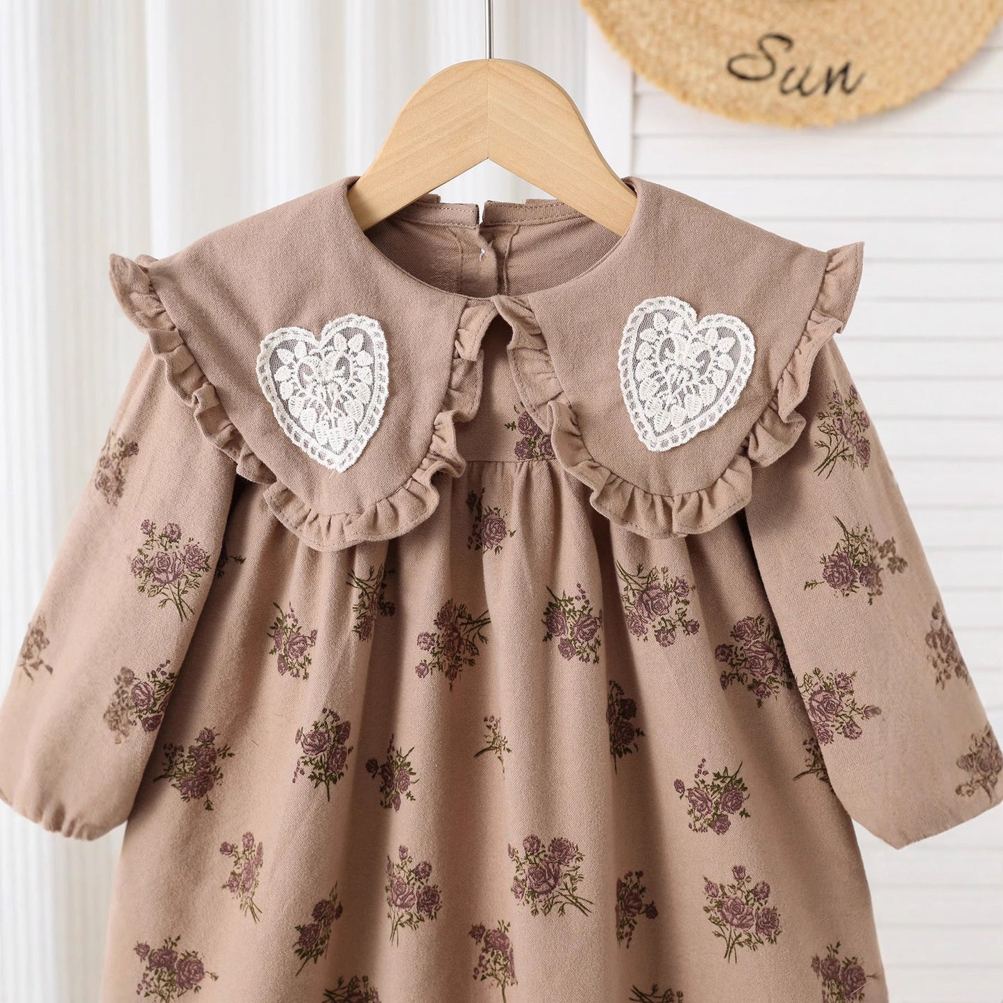 Autumn Arrival Baby Kids Girls Floral Pattern Long Sleeves Dress with Embroidered Collar-3