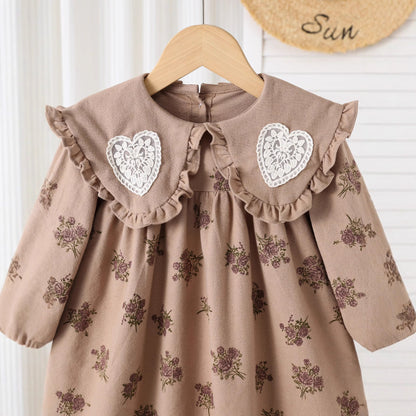Autumn Arrival Baby Kids Girls Floral Pattern Long Sleeves Dress with Embroidered Collar-3