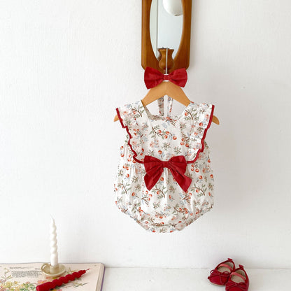 Design Summer Baby Kids Girls Cherry Pattern Square Neck Sleeveless Big Bow Onesies-2