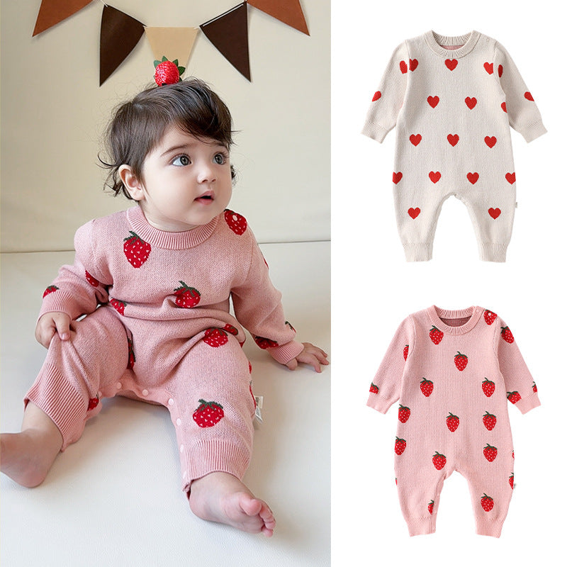 Autumn Arrival Baby Girls Long Sleeves Fruits and Hearts Pattern Thick Rompers-0