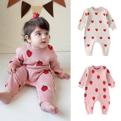 Autumn Arrival Baby Girls Long Sleeves Fruits and Hearts Pattern Thick Rompers-0