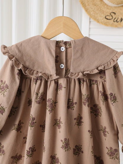 Autumn Arrival Baby Kids Girls Floral Pattern Long Sleeves Dress with Embroidered Collar-4