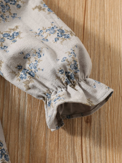 Autumn Arrival Baby Kids Girls Floral Pattern Long Sleeves Ruffle Neck Dress-4