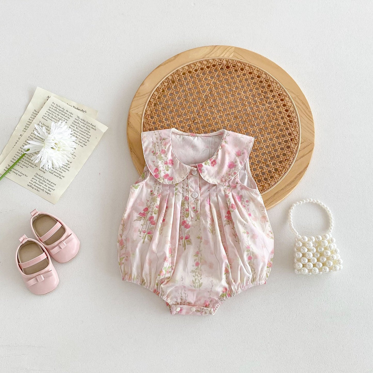 High Quality Summer Baby Kids Girls Floral Pattern Sleeveless Countryside Style Onesies-3